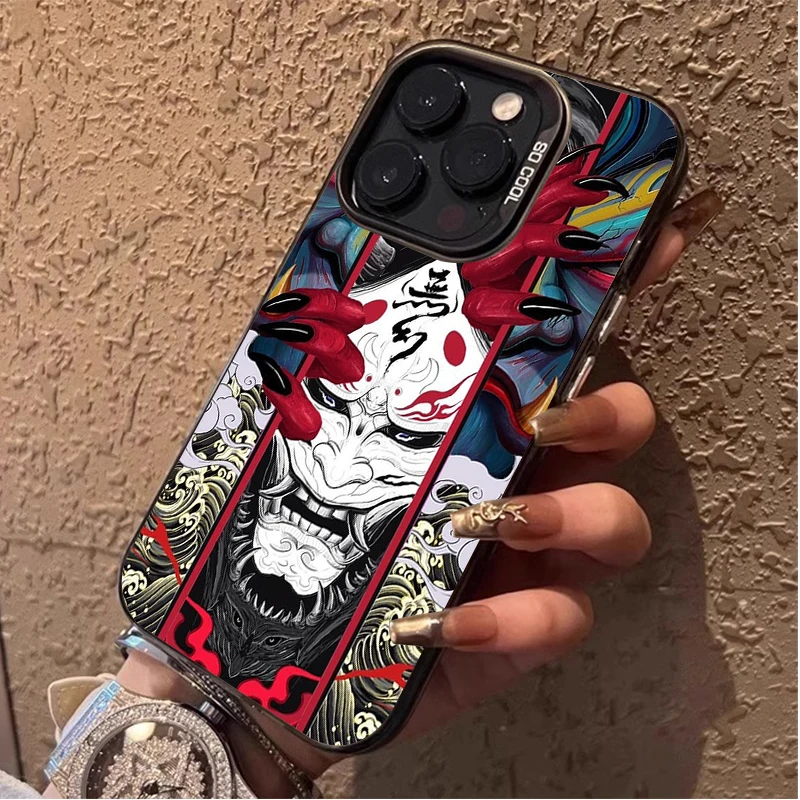 Oni Mask Samurai Printing Hard Case for iPhone 16E 11 12 16 15 14 13 Pro Max XS X XR Plus 8 7 SE 2020 Shockproof Matte Cover PC view 3
