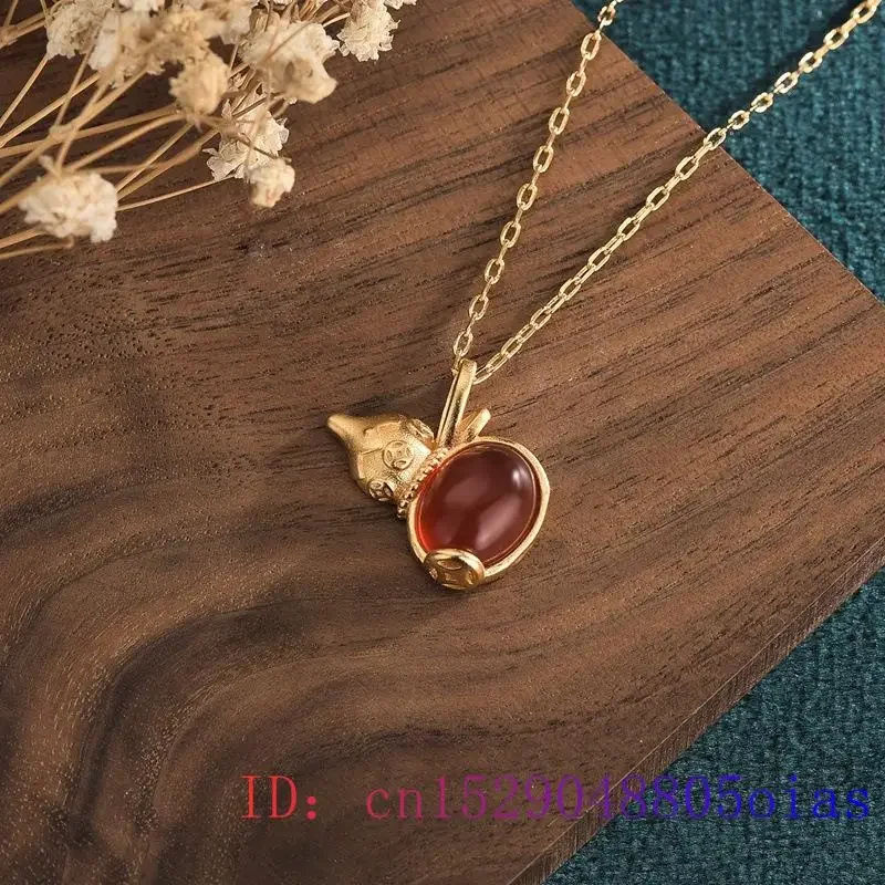 

Red Jade Gourd Pendant Amulet Zircon Crystal Gifts Fashion Gemstone Chinese Chalcedony 925 Silver Charm Women Natural Necklace