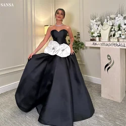 Sansa Elegant Black Sleeveless Party Dresses Sweetheart Neck A-line Flower Vestidos de fiesta Satin Floor-Length2024 فساتين سهرة