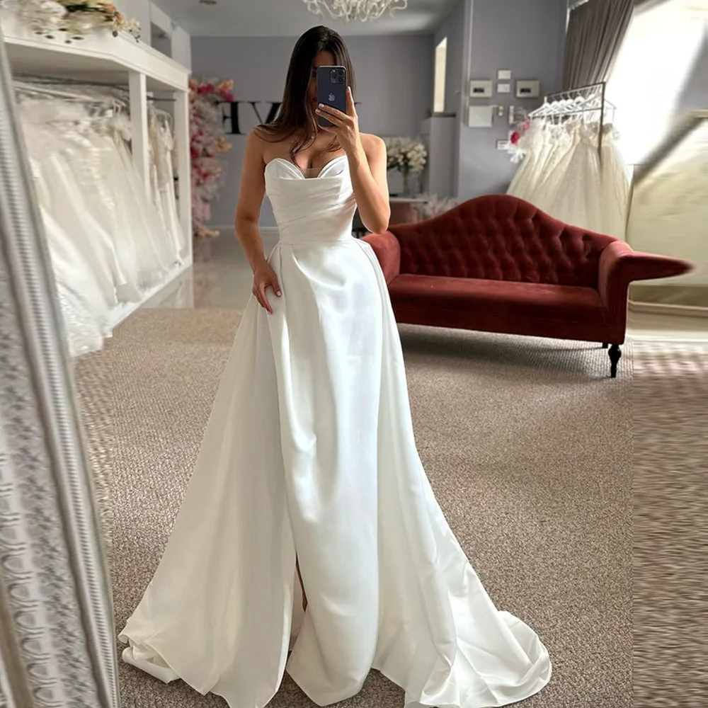 

Modest Off-Shoulder Satin Pleated Wedding Gown Sheath Side Slit Bridal Wedding Dress with Detachable Trian Customized vestidos