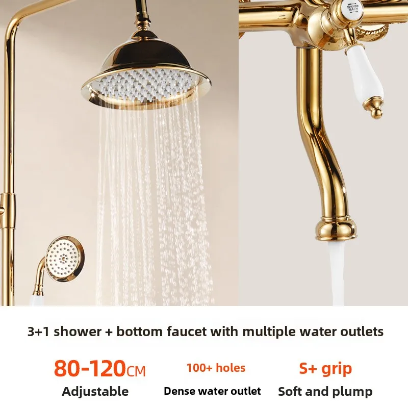 Luxury Gold Shower Head Adjustable Height Single Handle Cold Hot Water, Spray Gun Vintage Shower System Brass Lightweight