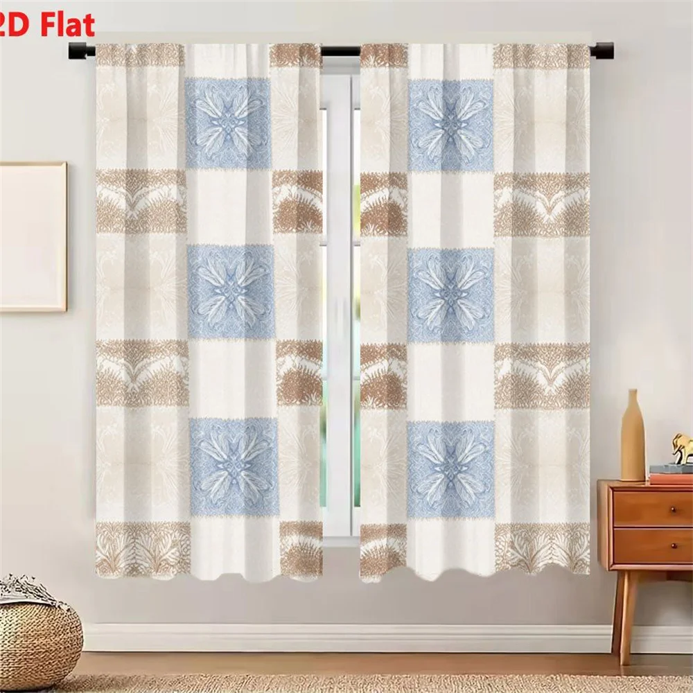 2Pcs Curtains 2D Flat Vintage Antique Checkered Pattern Light Blue Brown Cream Symmetrical Floral Fern Textured Wallpaper Fabric