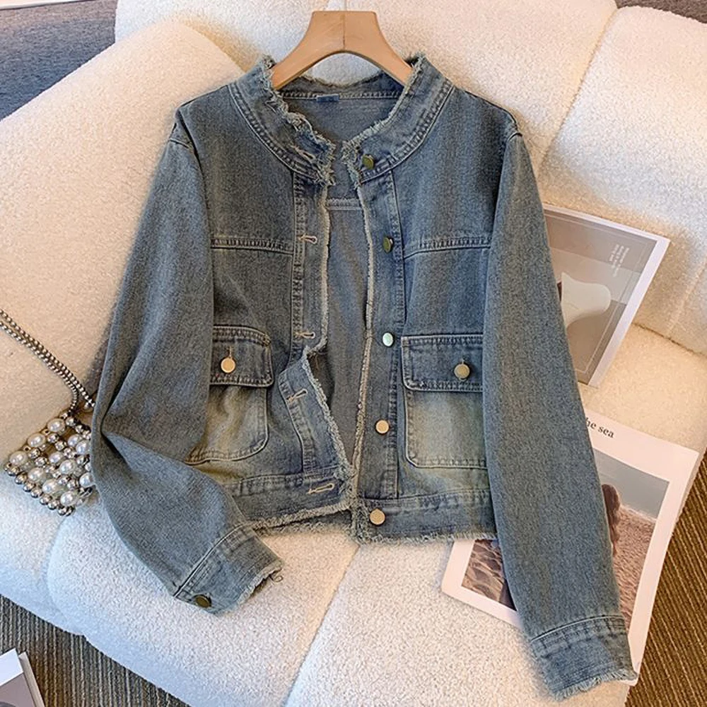 

Retro Raw Edge Washed Denim Jacket for Women Autumn New Loose Design Sense Coats Korean Turn Down Collar Versatile Short Top