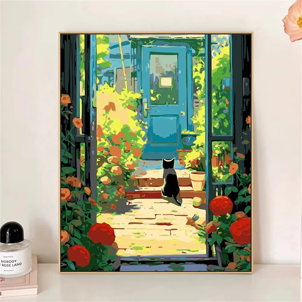 

MINISO DIY Oil Painting By Numbers Kitten In The Yard Wall Decor Gifts Frameelss