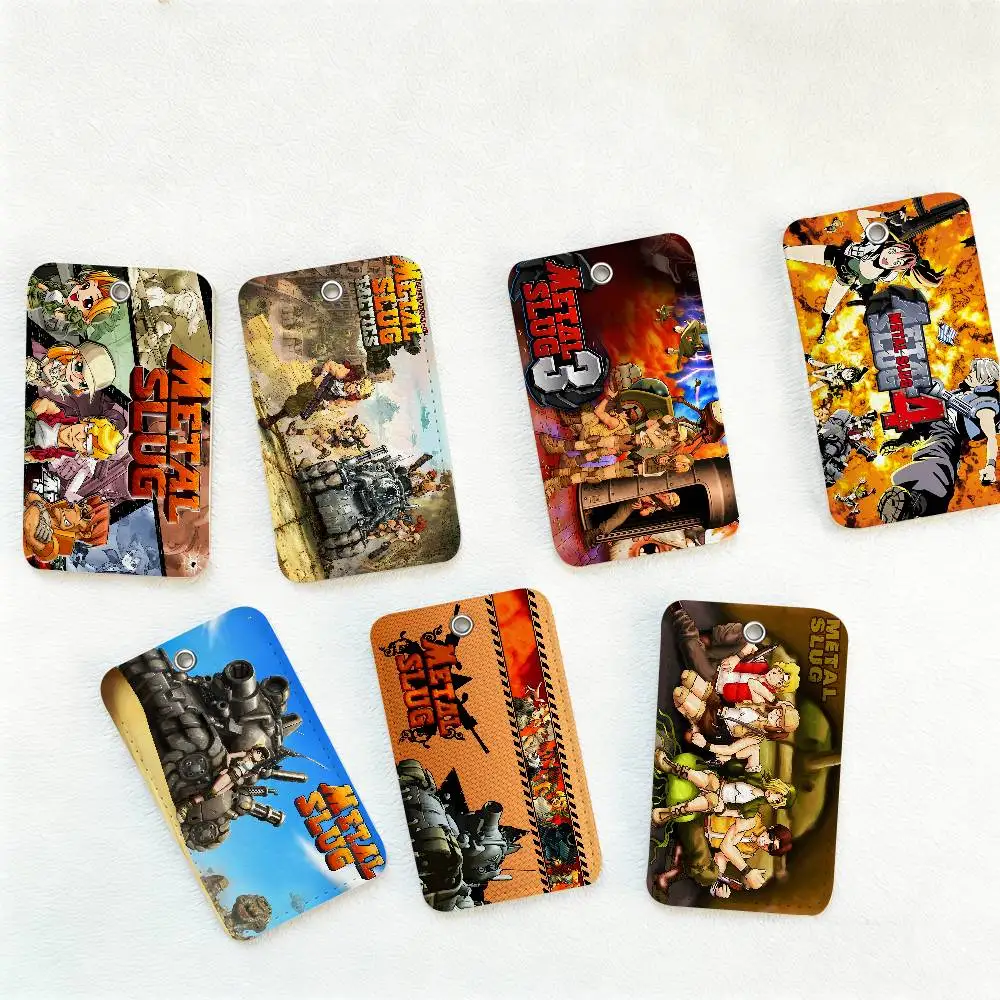 Retro Game Metal Slug Rectangle ID Card Case Keychain Access Card Bag Key Tag Ring Leather Card Holder Key Ring Access