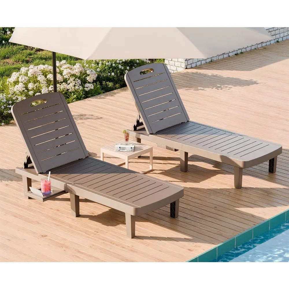 

Outdoor Chaise Lounge Chairs Set of 2, Oversized Resin Lounge Chairs with 5-Level Adjustable Backrest & Cup Holder
