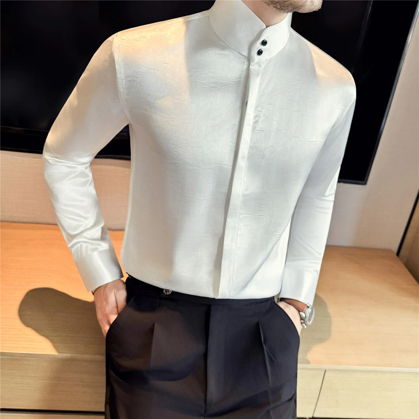2025 Bright Satin Stand Up Collar Shirts for Men Long Sleeved Chinese Style High Collar Casual Shirt Business Social Dress Shirt