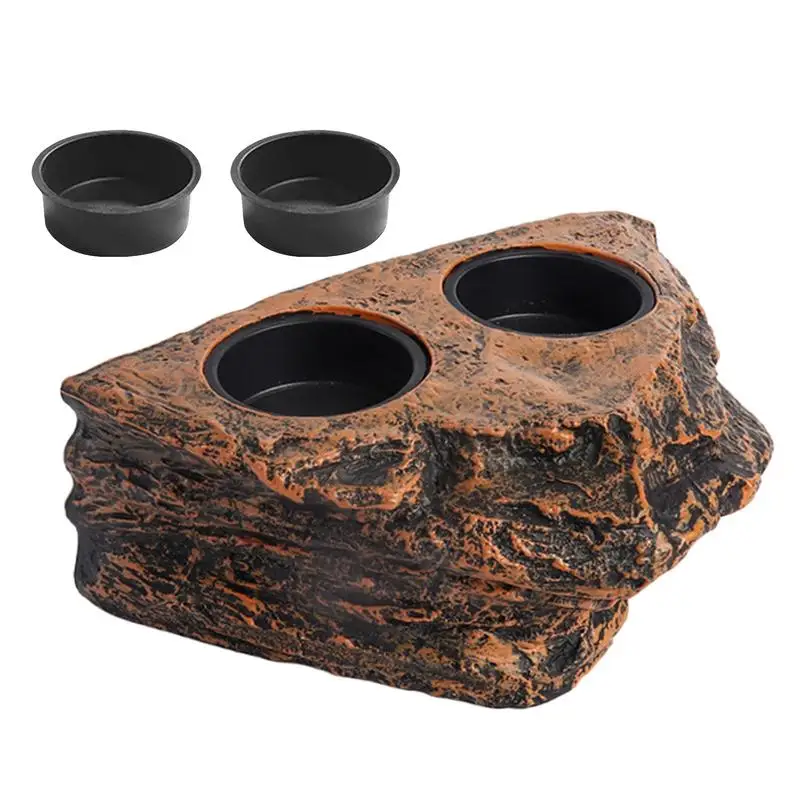 

Reptile Food Dish Rock Bearded Dragon Food Bowl With 2 Cups Aquarium Decoration Small Turtle Habitat Animal Feeding Table Feeder