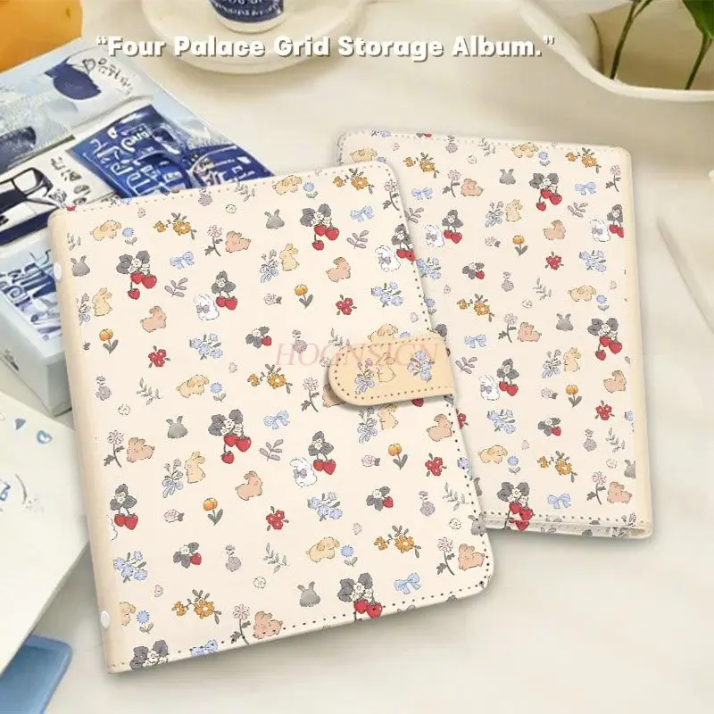 1book Ins style floral bunny A5 card book PU leather detachable insert dustproof book 3-inch four grid storage book