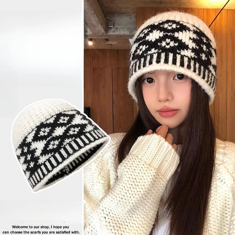 Winter Retro Rautenförmige Karierte Pullover Kappe Frauen Warme Gestrickte Kappe Kälte Beweis Kapuze Kappe