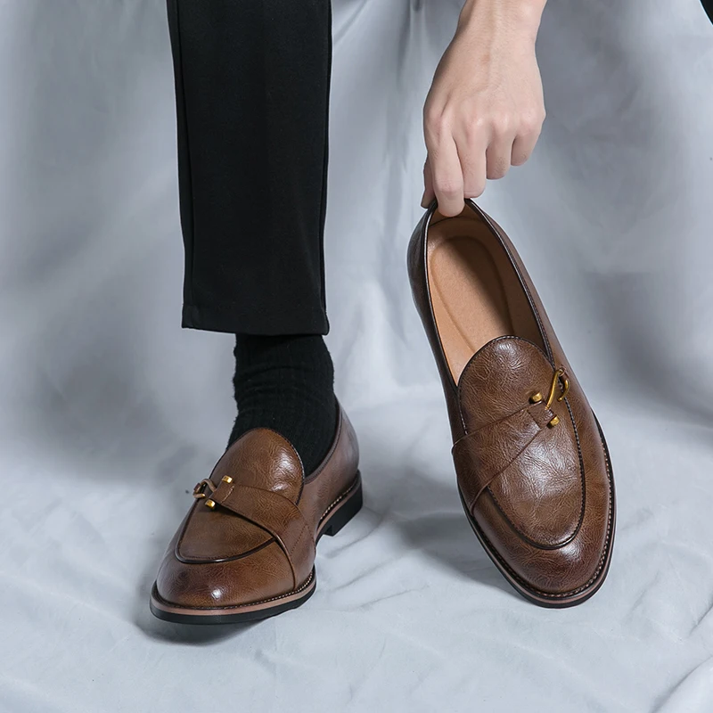 

Fashion Penny Slip On Loafers Leather Men Shoes Simple Pointed Toe Dress Business Suit Casual Party Wedding Shoes Soft Comforty