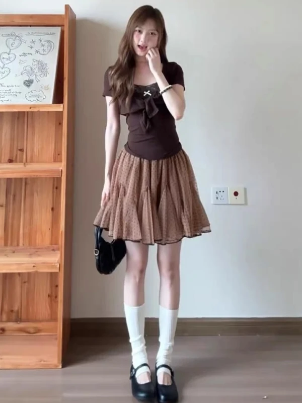 

2026 Summer Popular Lace Splicing Puffy Skirt And Top Set Beautiful Unique Fashionable Women's High Waist Short Sleeve Set