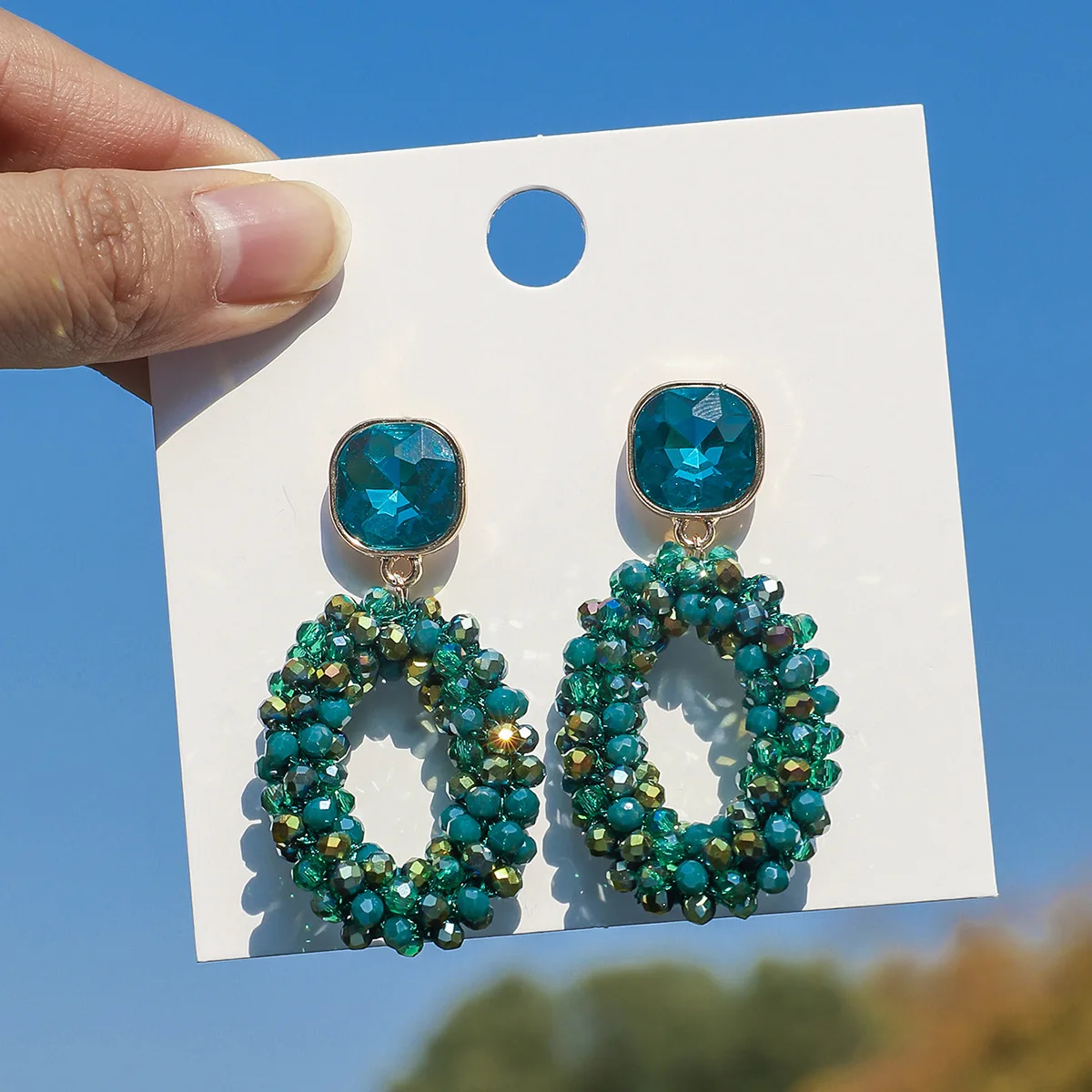 ZGMXR Rice bead earrings Circle Twisting Crystal Bohemia Colorful Hand-woven Alloy Woman Retro Simple Beaded earrings
