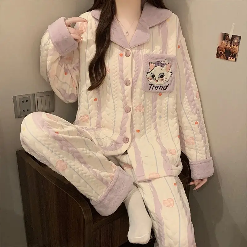 Rilakkuma Pyjama Winter Nieuwe Lucht Katoen Sandwich vrouwen Lange Mouw Dikke Warme Pyjama Set Losse Thuis Kleding meisje Geschenken Speelgoed