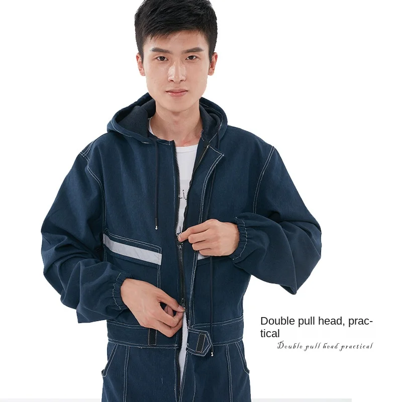 Roupas de trabalho de uma peça para soldador, terno denim pintado com spray, roupas de trabalho de mangas compridas, faixa reflexiva, roupas de