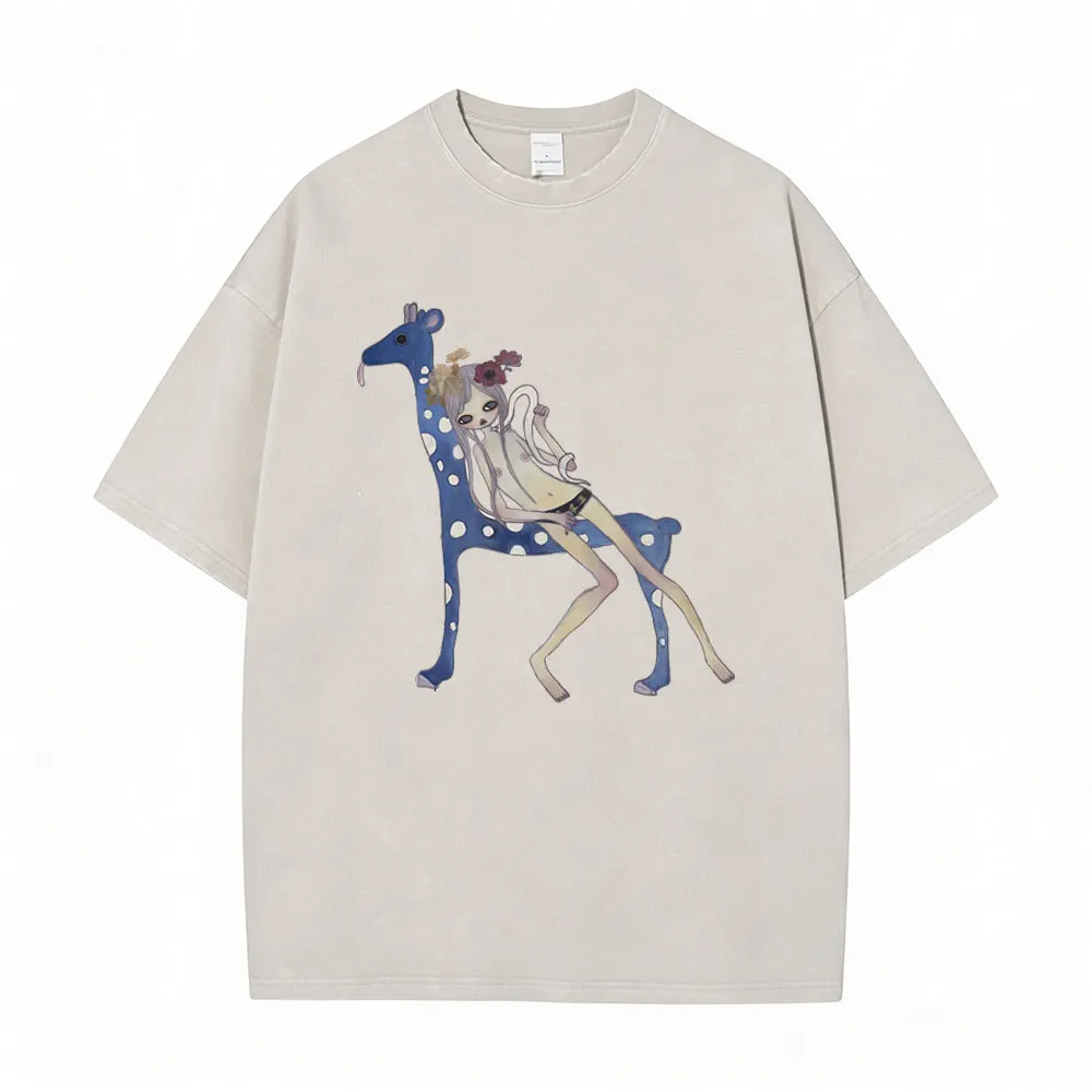 Washed Vintage Yoshitomo Nara Baby Bunny Costume Graphic T-shirt Men Women Funny Cartoon Oversized T-shirts Male Cotton T Shirts