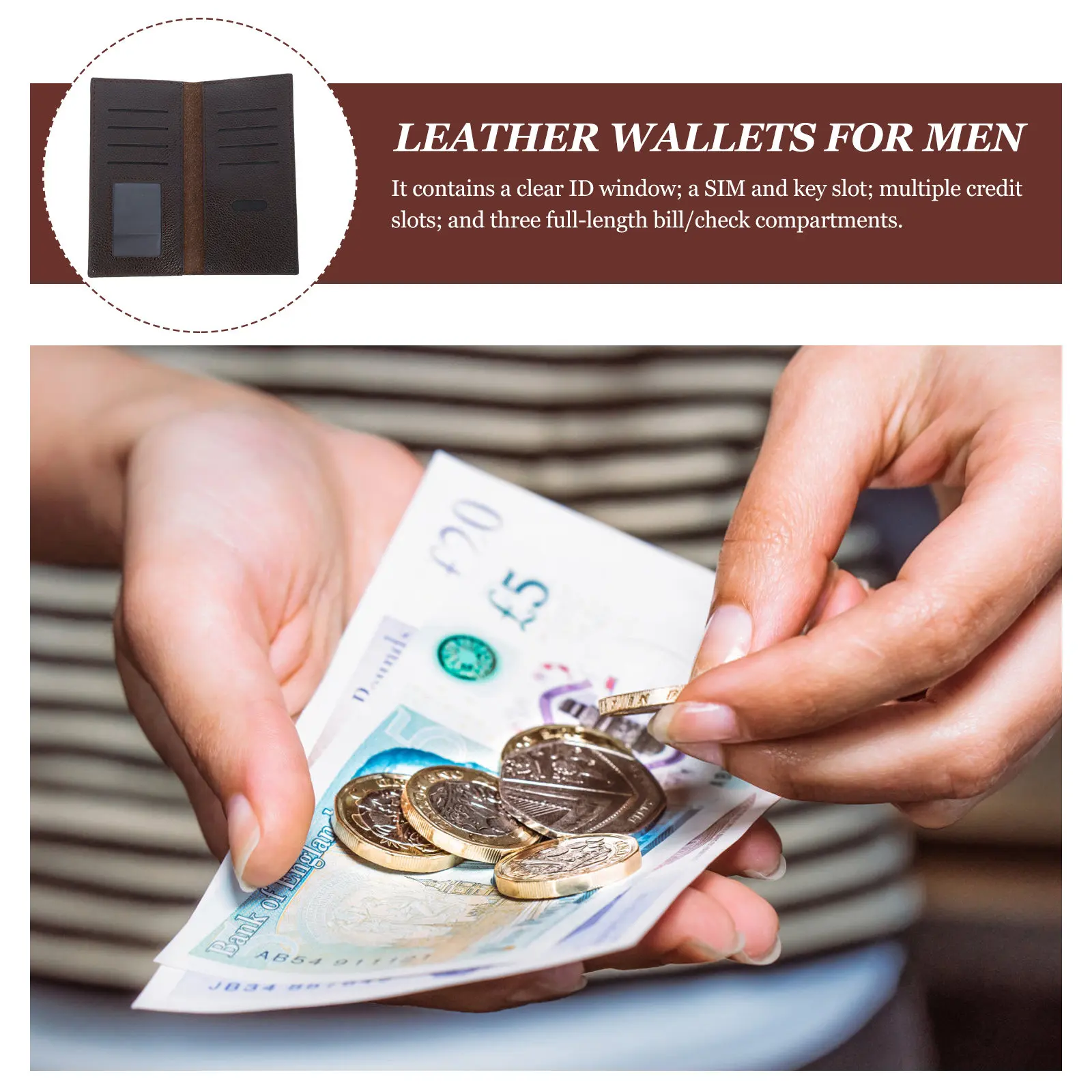 Brown Men's Long Wallet PU Vintage Style High Capacity for Cards Cash Checks Sim Keys Id Window Retro Wrinkled Surface