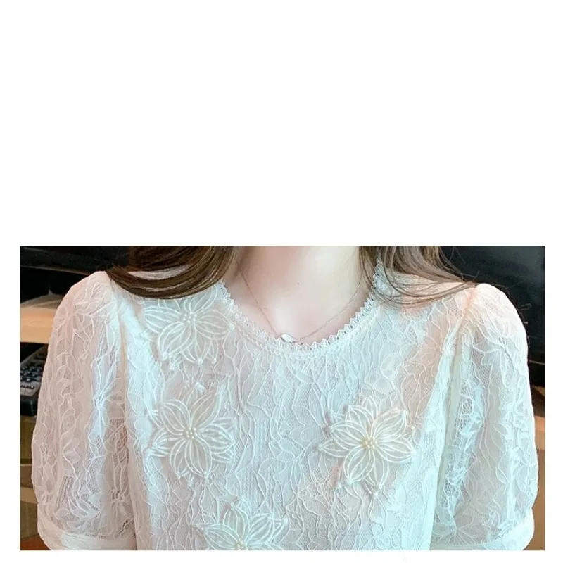 Summer Round Neck Women\'s Solid Color Plant&Flowers Embroidered Chiffon Pullover Short Sleeve T-shirt Elegant Clothing Tops