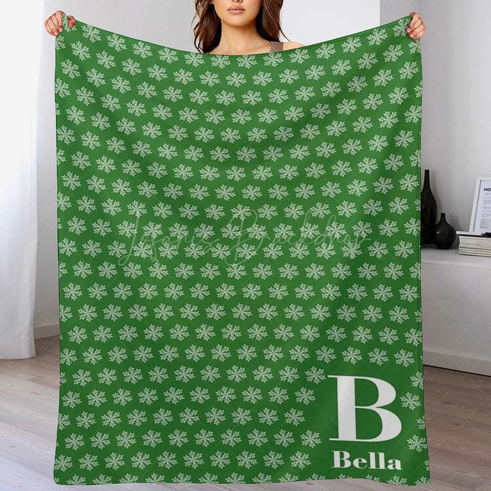 Green White Winter Snowflakes Custom Name Blanket for Family, Personalized Christmas Holiday Throw Birthday New Year Gifts