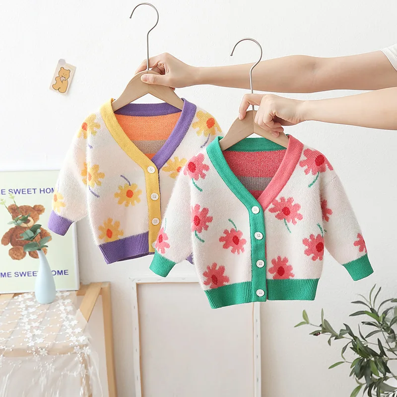 2026 New Korean Children's Sweater Girls' Flower Mink Velvet Baby Girls Knitted Cardigan