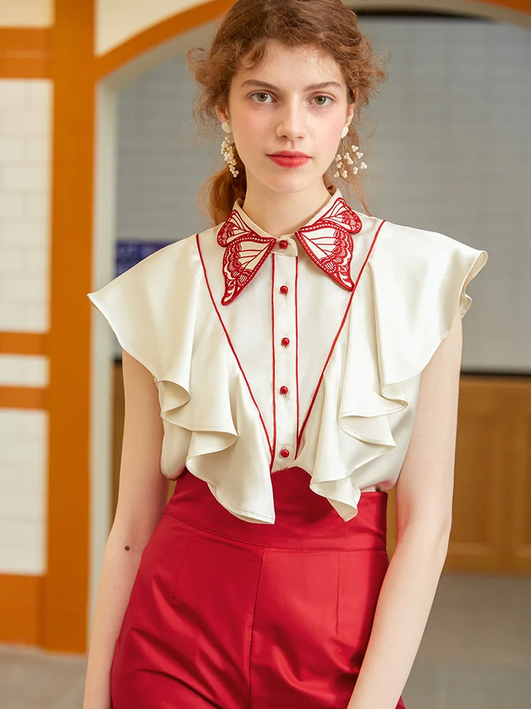 Women\'s Butterfly Embroidered Ruffled Sleeveless Shirt,Summer
