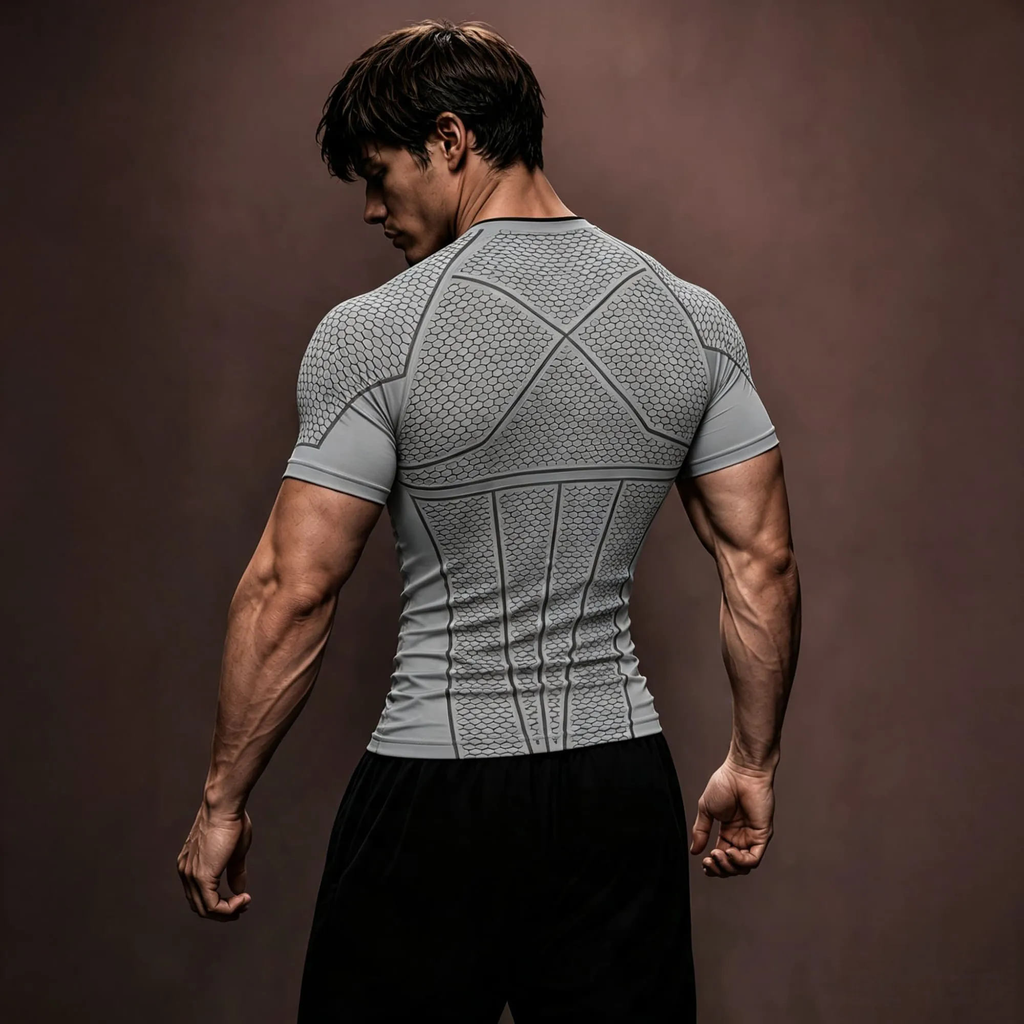Techwear Grid Texture Athletic Compression Tee Herren Schwarz Gothic Font Print Atmungsaktives Lauf- und Gewichtheben-Kurzarmshirt – Detail 3