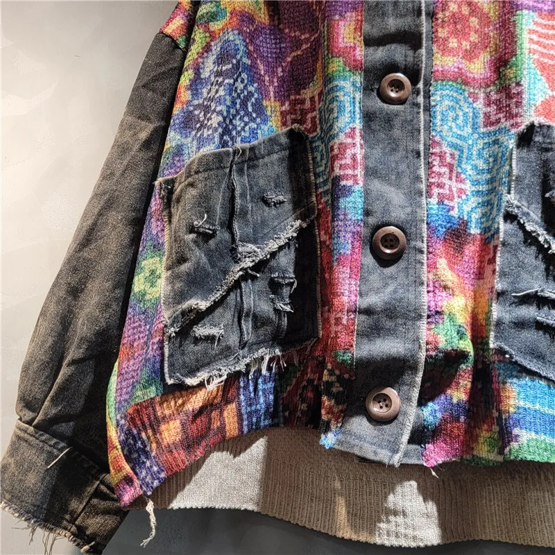 WTHT ファッション不規則なコントラストカラーニットプリントフード付きデニムジャケット女性のための 2025 秋長袖コート女性 1LS2273