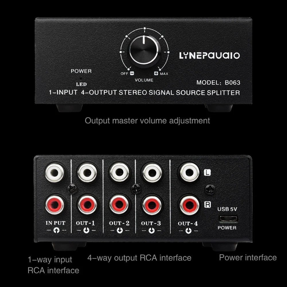 1 in 4 Out Stereo Signal Source Splitter Audio Frequency Signal Distribute Device Non Consumption Output RCA Interface