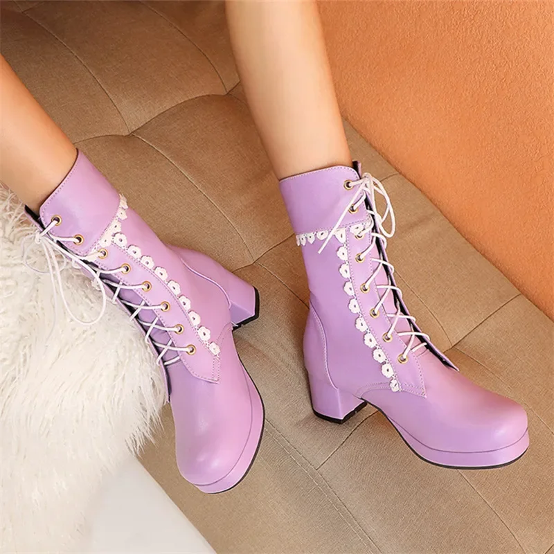 Lolita Lace Boots Women Elegant Japanese Style Sweetness Temperament Party Perform Cosplay Pure Color Frenulum High-heeled Shoes