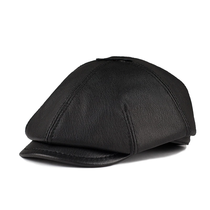 

Real Full Grain Sheep Leather Octagonal Beret Cap For Men Women Outing Warm Retro Fashion Newsboy Hat Adjustable Visor