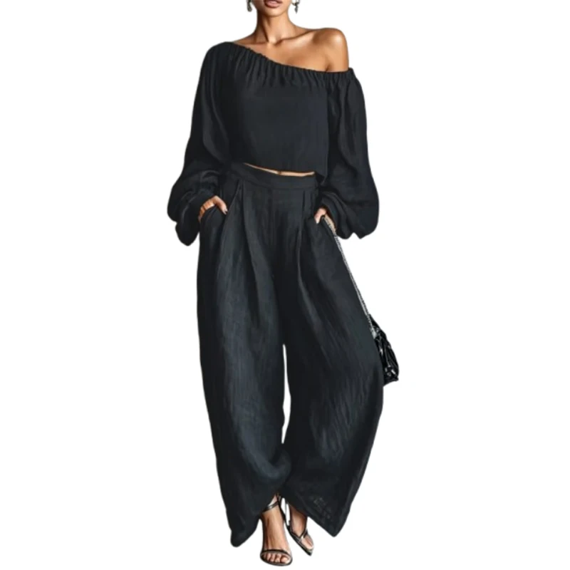 UOOZEE Women's Black 2 Piece Sets Solid Color One-shoulder Puff Sleeves Crop Tops & High Waist Wide Leg Pants Casual Daily Suits view 5