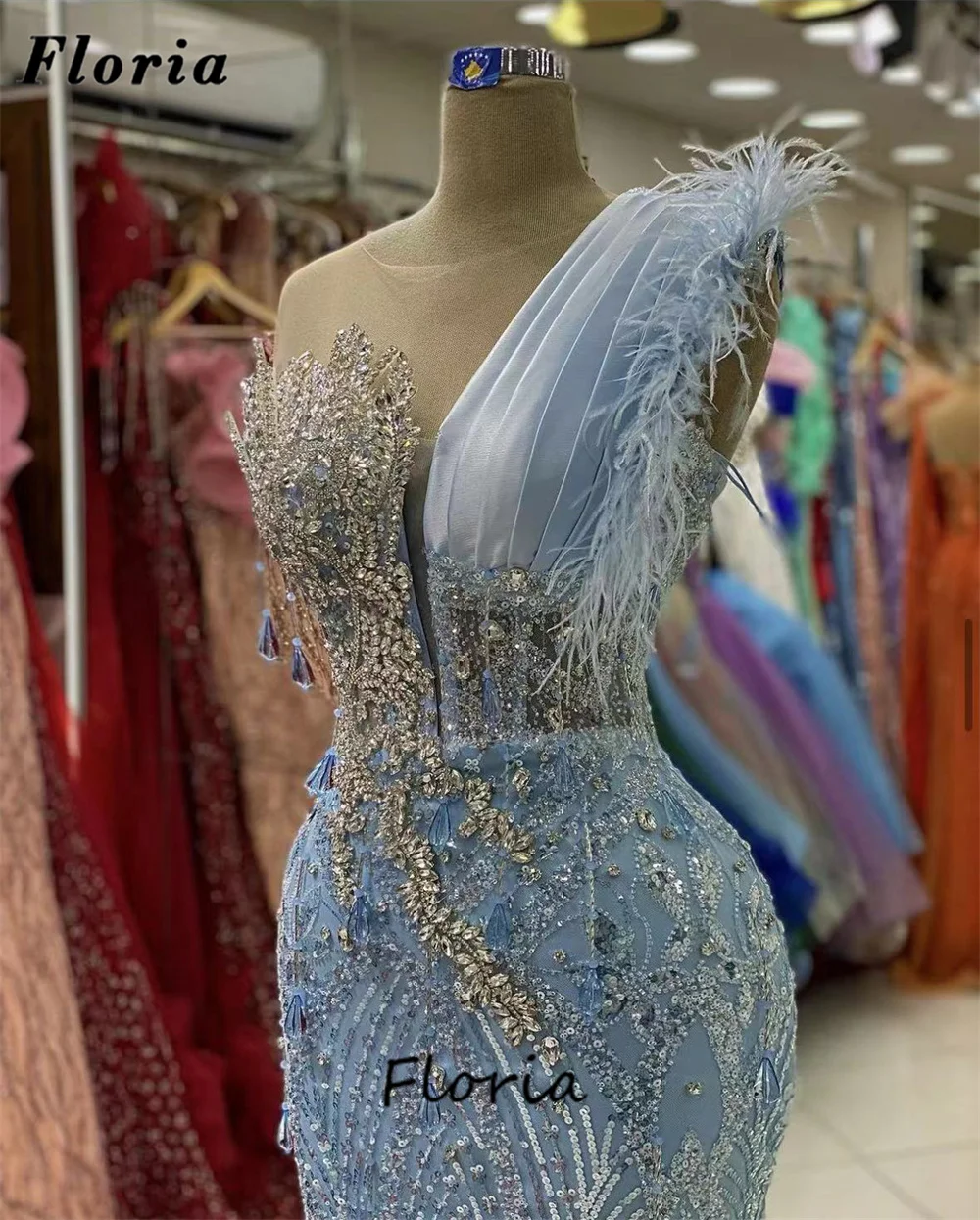 Blue Mermaid Evening Dresses Customized Beaded Crystals Celebrity Dress Feathers Special Occasion Dress Dubai Long Party Gowns