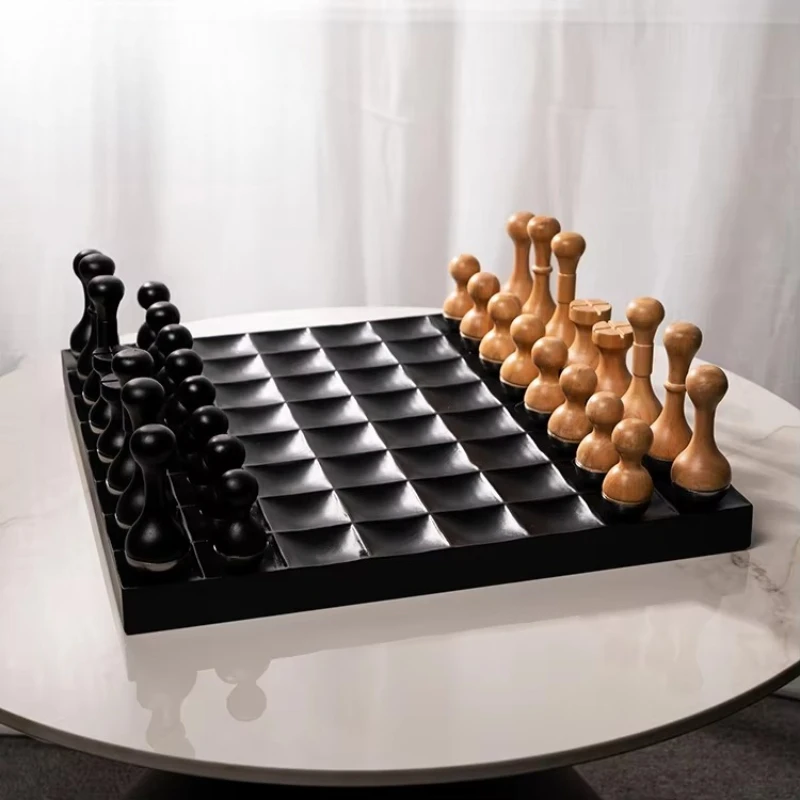 Minimalist black metal and wood interior home chess