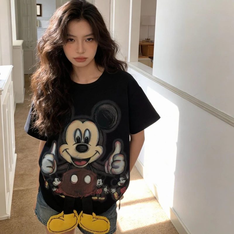 

Флисовые футболки с 3D-принтом Микки Мауса, очень милые, свободные, стройнящие, универсальные, повседневные, удобные топы с короткими рукавами для женщин