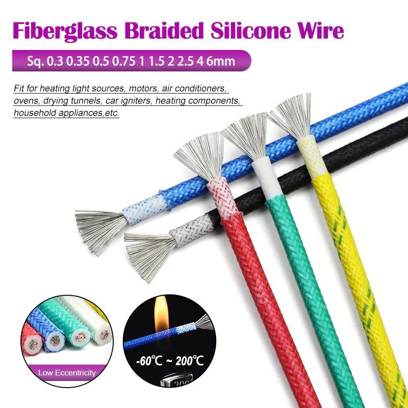 

1/5/10M Heat Resistant Silicone Wire 250°C Soft Copper Cable Fiberglass Braided Insulated Warm Floor Heat Element Line