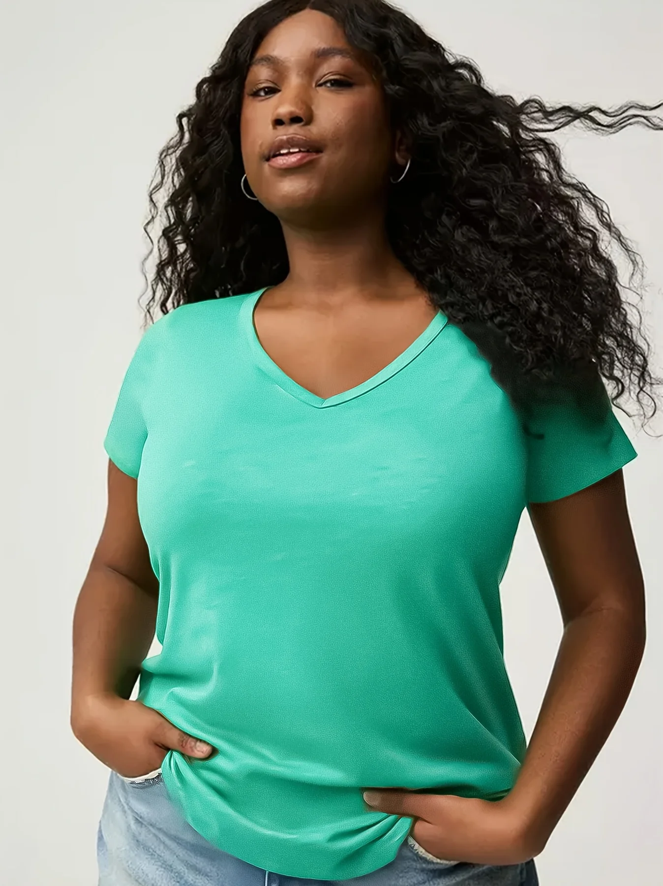 Plus Size Mint Green V-Neck T-Shirt Women's Short Sleeve Casual Top Basic Tee Free Shipping