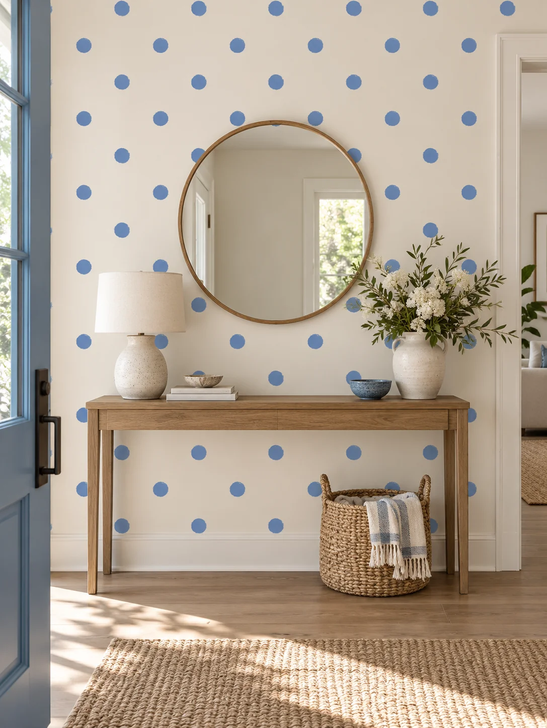 Blue Cream Hand Painted Peel and Stick Wallpaper, Stripes Dots Gingham PVC Removable Wall Covering for Home Renovation Decor