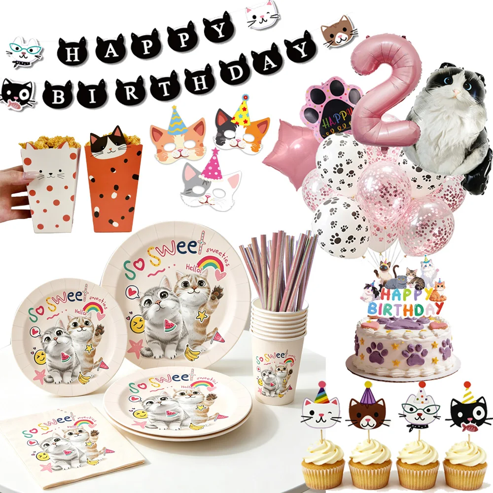 Niedliches Katzenkätzchen-Thema 2. Geburtstagsparty-Zubehör Einweg-Tischgeschirr Banner Katzen-Folienballon Tortendekoration Haustier-Katzen-Partydekorationen
