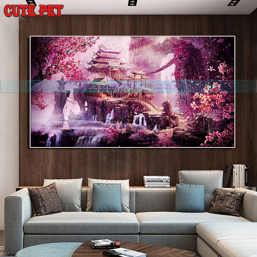 edificio fantasy Pittura diamante 5D fai da te paesaggio naturale Diamant mosaico strass Fiore albero fiume montagne ricamo grande