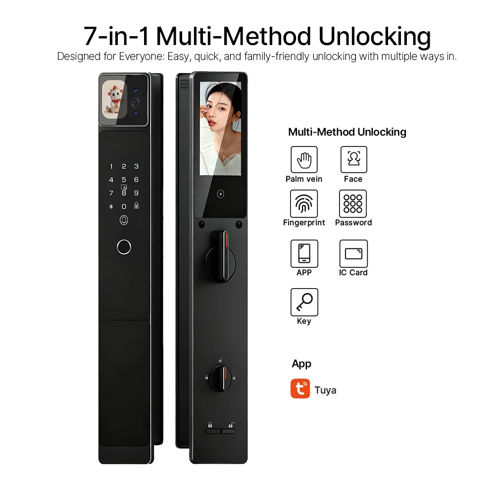 Topteq I886 Intelligent Ultra-thin AI Screen Palm Vein Face Tuya Active Intercom Password WiFi Fingerprint Smart Door Lock
