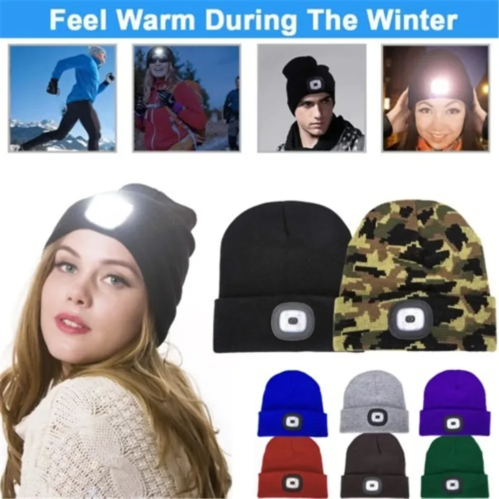 Winter LED Warm Lighting Knitted Hat Men Women LED Headlight Hat Outdoor Sports Night Light-up Hat Stretch Beanie Fishing Hat