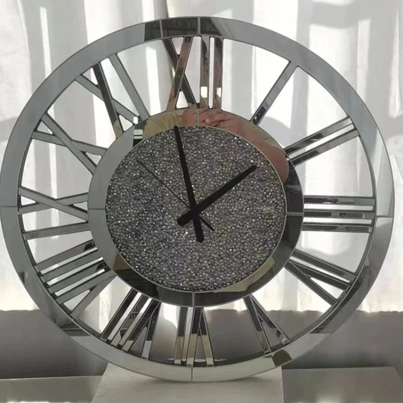 Living Room Home Silver Mirror, Rhinestone Roman Numeral Clock, Silent Wall Clock, Clock