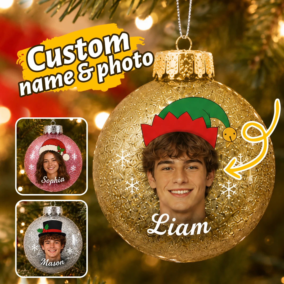 Personalisierter Glitzer-Weihnachtskugel-Foto-Ornament, personalisierte Weihnachtsbaum-Hängedekoration mit Namen, glitzernder Festtags-Andenken