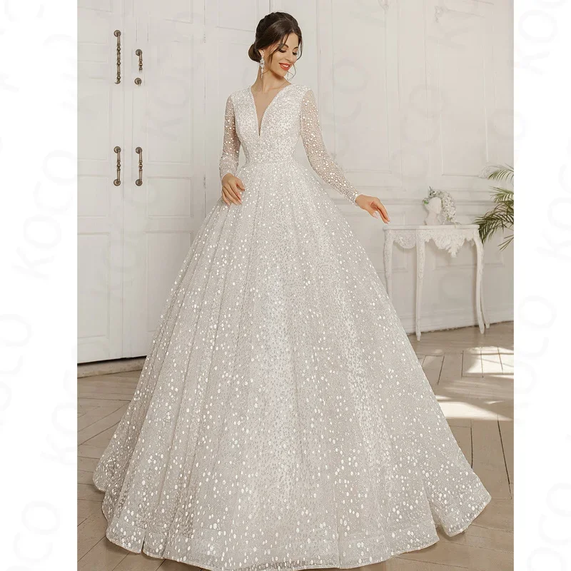 

Flavinke Customized Wedding Dresses Princess V Neck Tulle Beach Bride Gown Long Sleeves Sequined Vestido De Novia Women Skirt