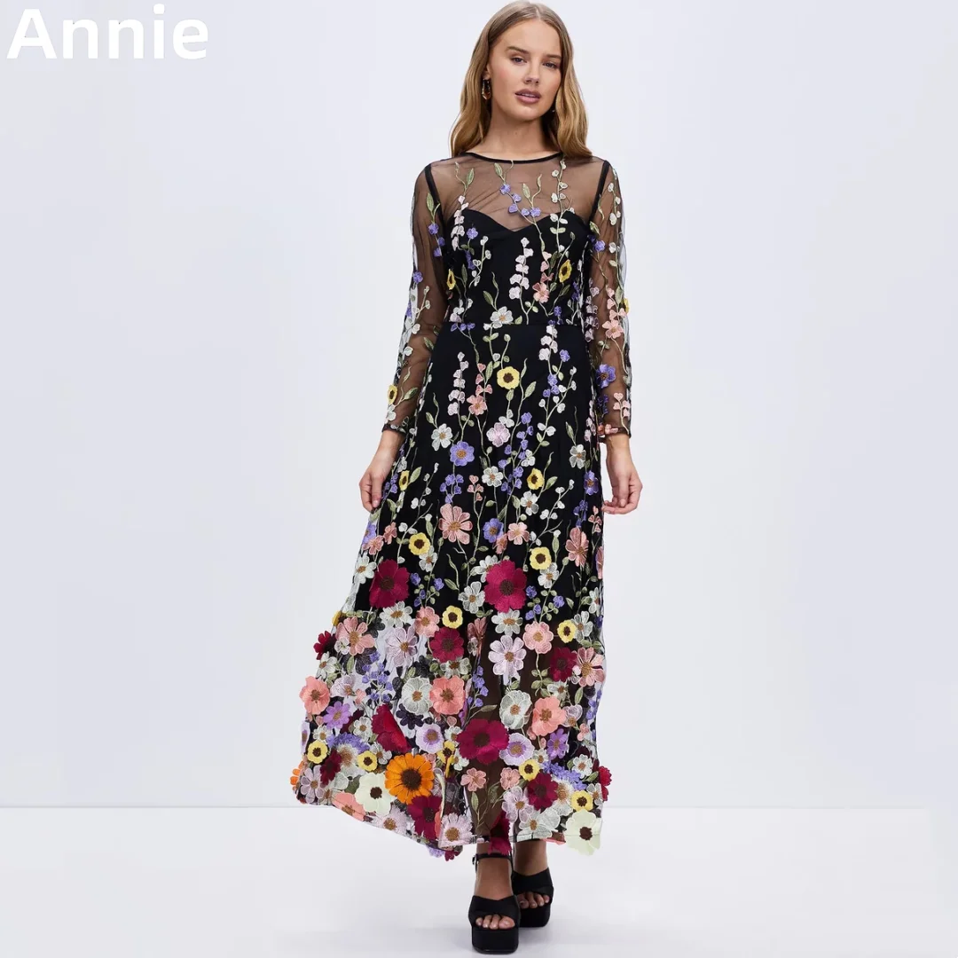 Annie-Robes de Rhflorales noires pour femmes, manches longues, robes de soirée en tulle, robes de soirée formelles, robes de soirée, 2024