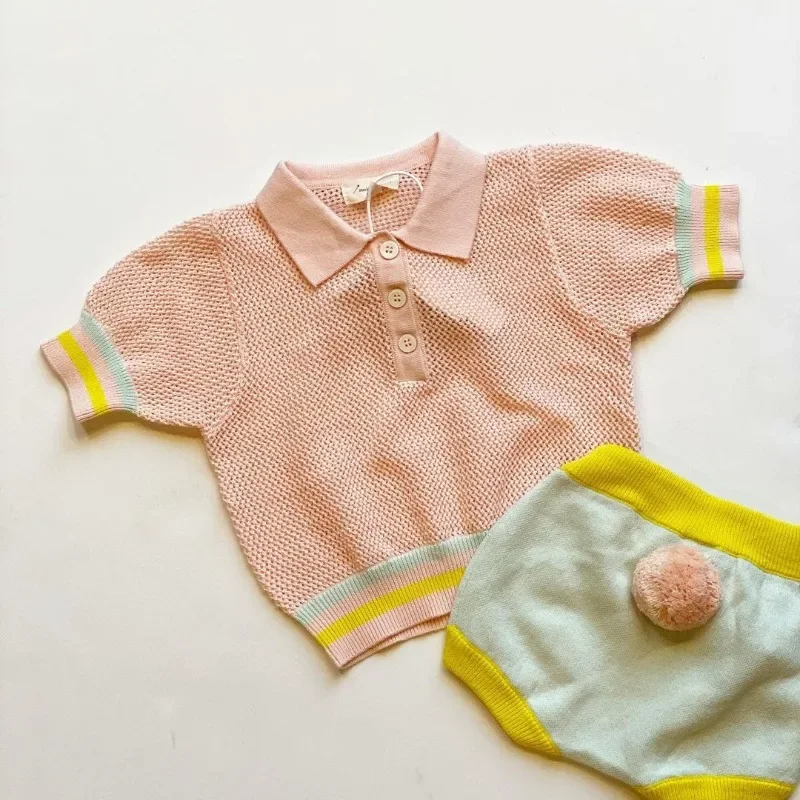 

OUYANG&IVAN 25 Spring Children's Sweater Shorts Set MS Classic Bunny Tail Shorts Boys Girls Hollow Knit Sweater Kid Top Jumper