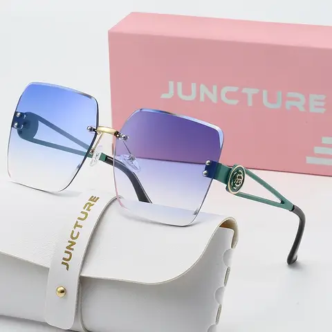 JUNCTURE Fashion Women Sunglasses Luxury Brand Vintage Rimless Sun Glasses Ladies Gafas Blue Gradient UV400 Party Holiday Gifts