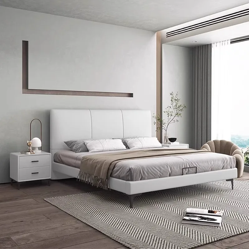 

Rustic Minimalist Double Bed Base White Leather Cheap Luxury Double Bed Frame Storage Modern Cama Matrimonial Bedroom Furniture
