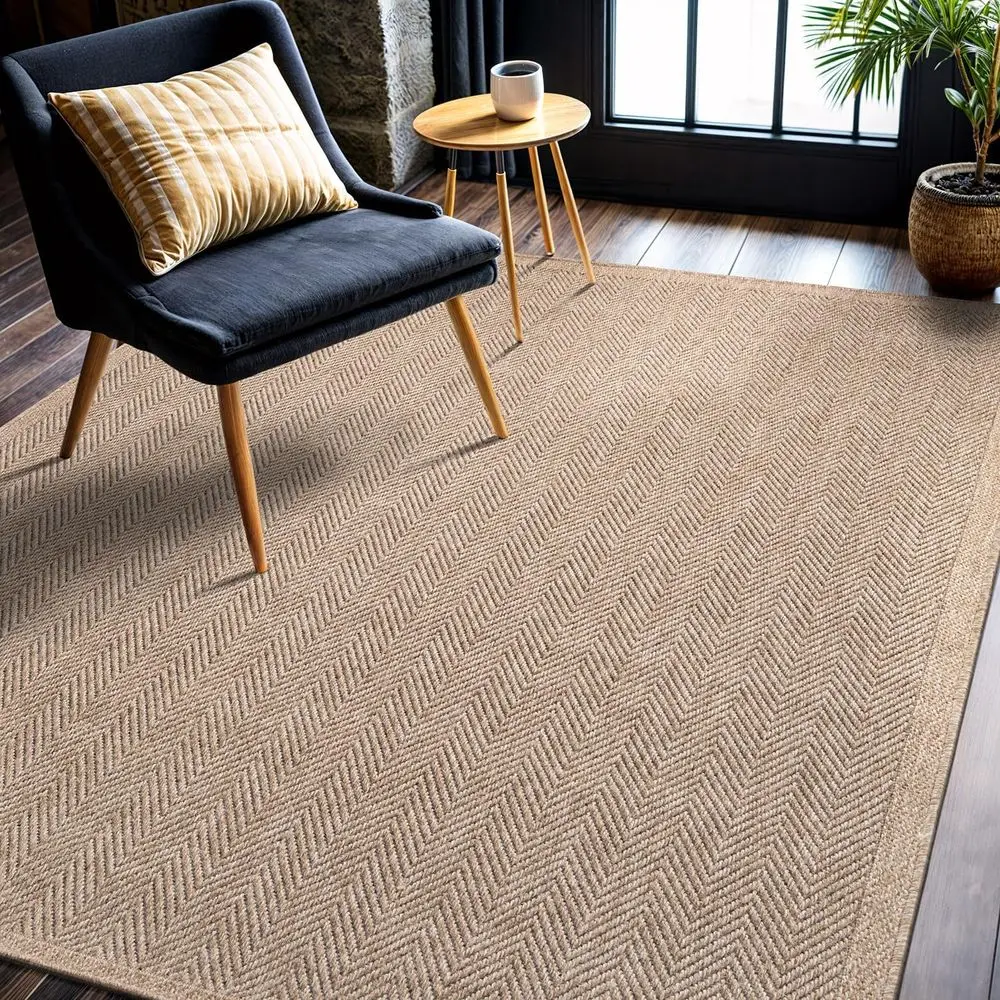 Natural Fiber Herringbone Jute Rug, 4x6 Feet, Indoor/Outdoor Living Room, Patio, Kitchen, Washable Seagrass Area Rug