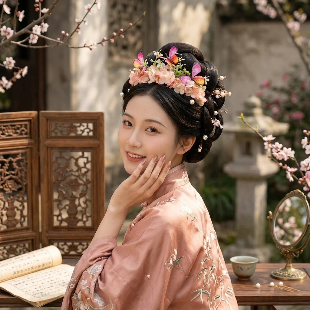 Elegant Flower Crown Butterfly Hairpiece for Hanfu Photoshoot Traditional Chinese Headwear Silk Floral Wedding Accessory view 6